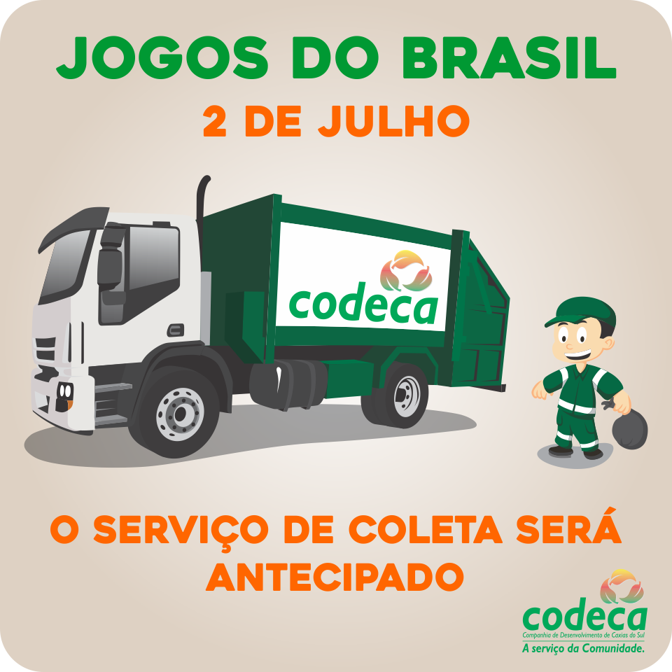  Codeca antecipa serviços de coleta segunda, dia 02.07, devido ao jogo da Seleção Brasileira