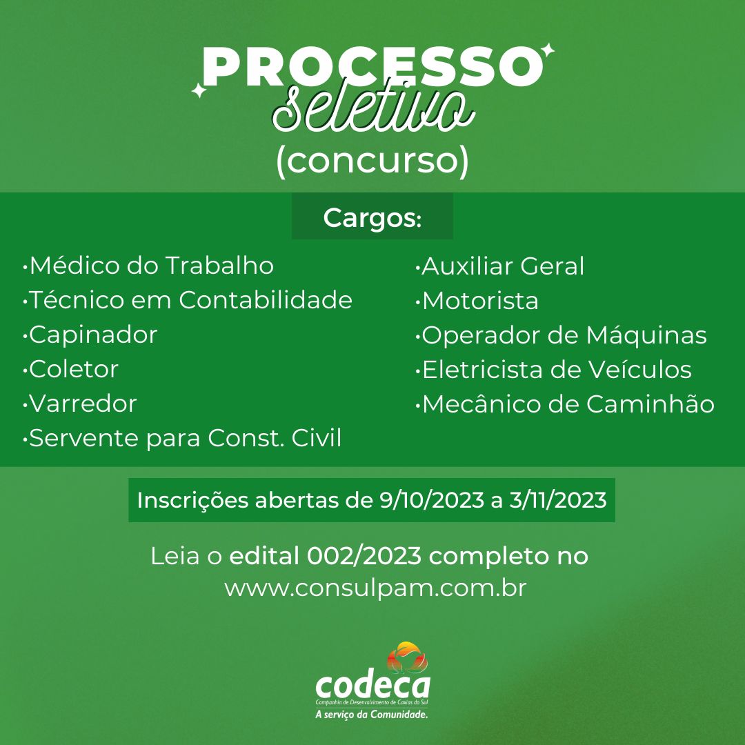  Codeca abre inscrições de processo seletivo para 11 cargos na próxima segunda-feira