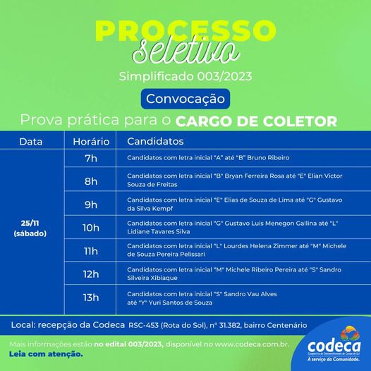  Codeca convoca candidatos ao cargo de coletor para prova prática neste sábado