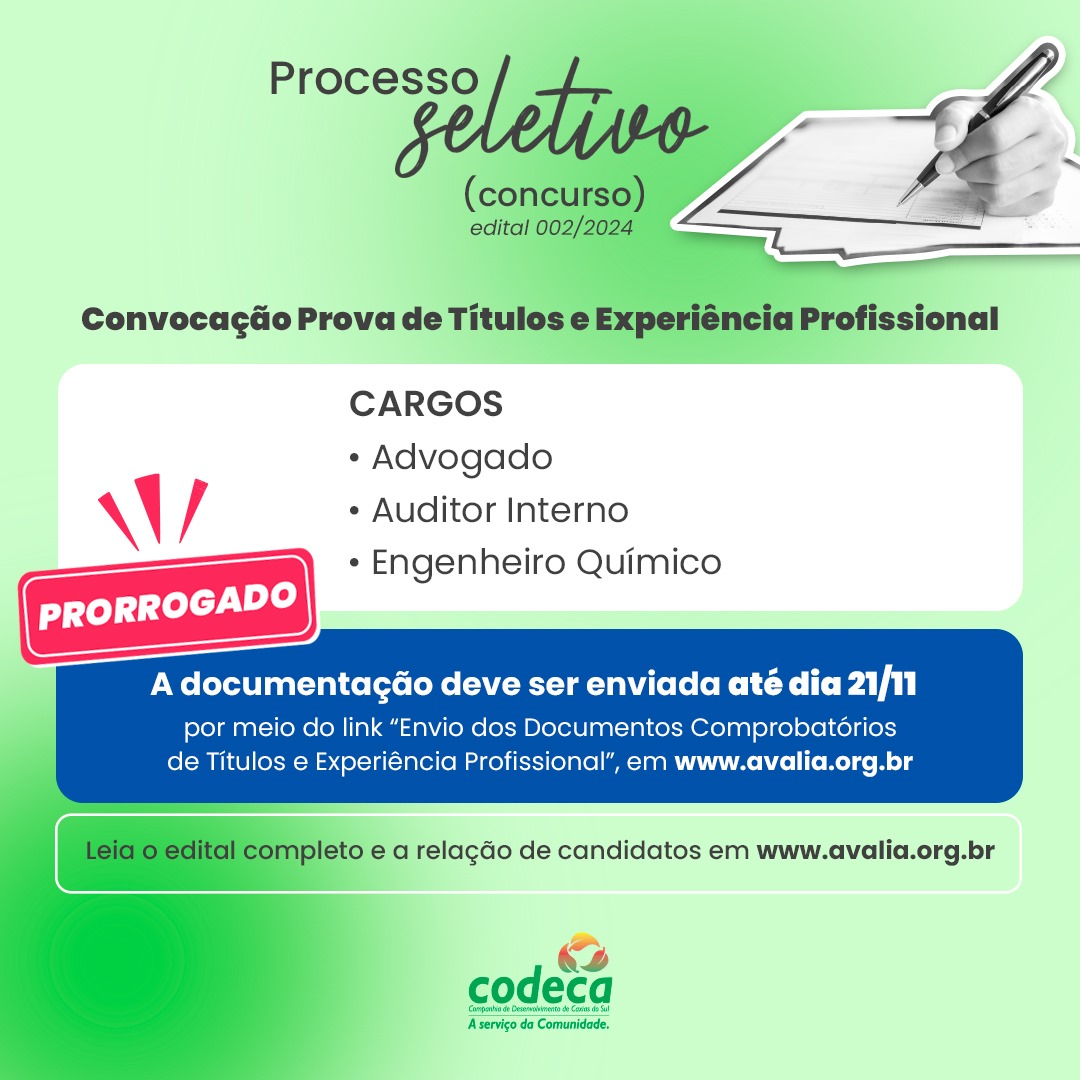 Processo seletivo público da Codeca: prova de títulos termina nesta quinta-feira (21/11)