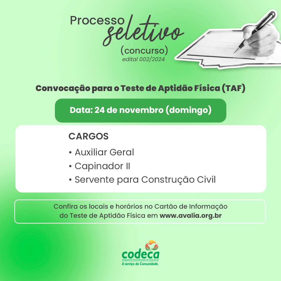  Processo seletivo público da Codeca: teste de aptidão física será neste domingo (24/11)