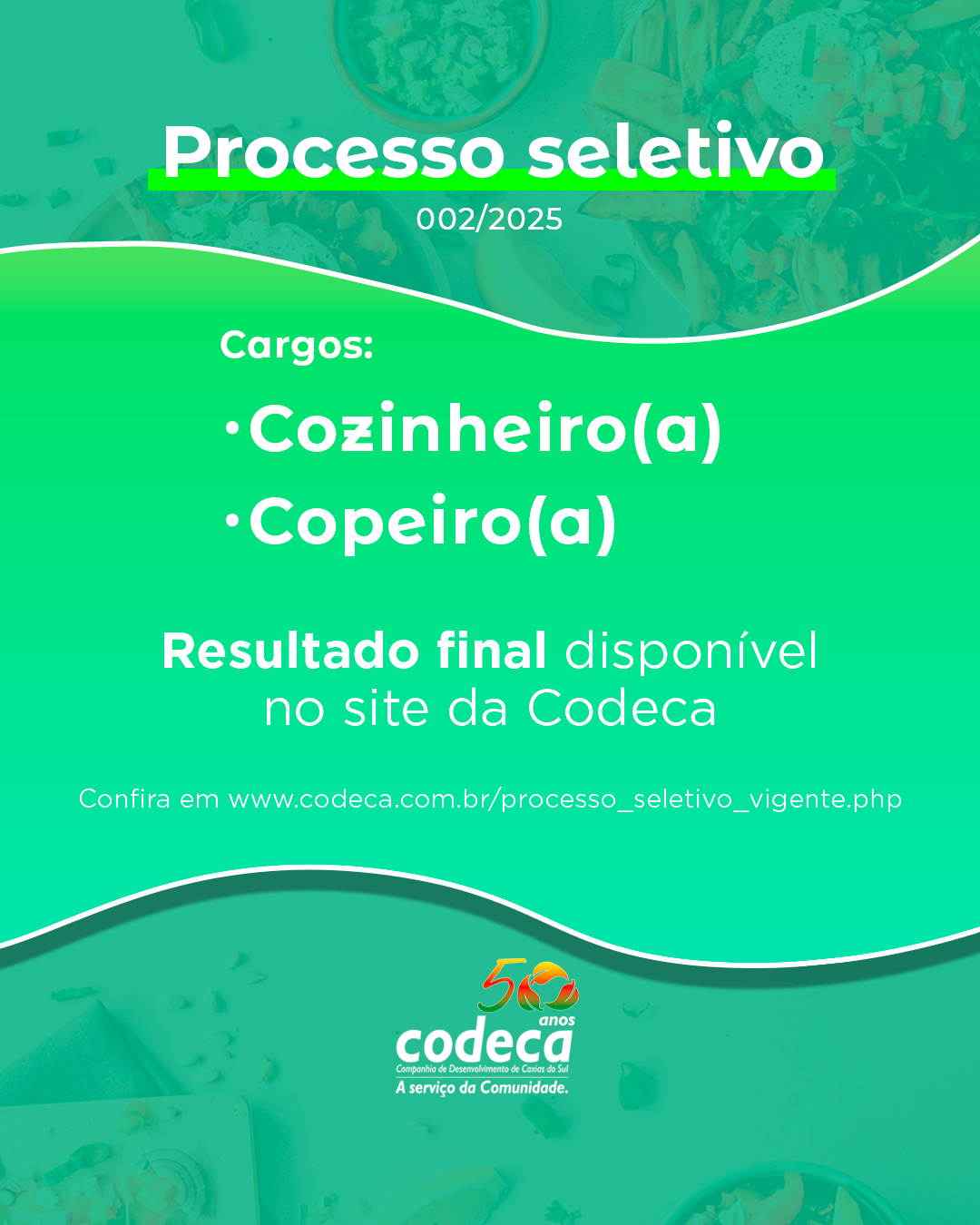  Codeca divulga resultado do processo seletivo para contratação de cozinheiros(as) e copeiro(a)
